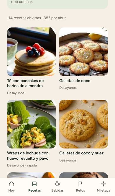 Pantalla de recetas con fotos